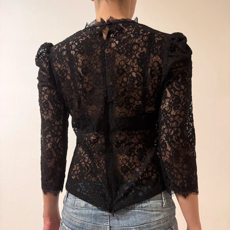 Black Lace Sheer Top – Vintage Y2K Romantic Goth (S)