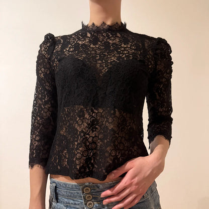 Black Lace Sheer Top – Vintage Y2K Romantic Goth (S)