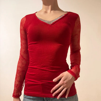 Red Sheer Lace-Sleeve Top – Vintage Y2K Glam Clubwear (S)
