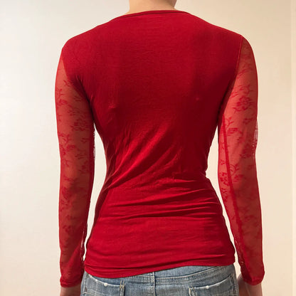 Red Sheer Lace-Sleeve Top – Vintage Y2K Glam Clubwear (S)