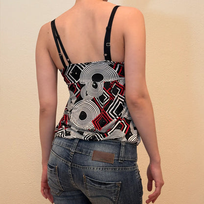 Y2K Black Sheer Mesh Long Sleeve Top with Silver Swirls & Bell Sleeves (S)