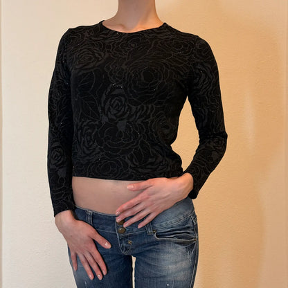 Y2K Black Glitter Rose Print Long Sleeve Top – Semi Sheer Sparkle Vintage 2000s Shirt (S)
