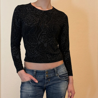 Y2K Black Glitter Rose Print Long Sleeve Top – Semi Sheer Sparkle Vintage 2000s Shirt (S)