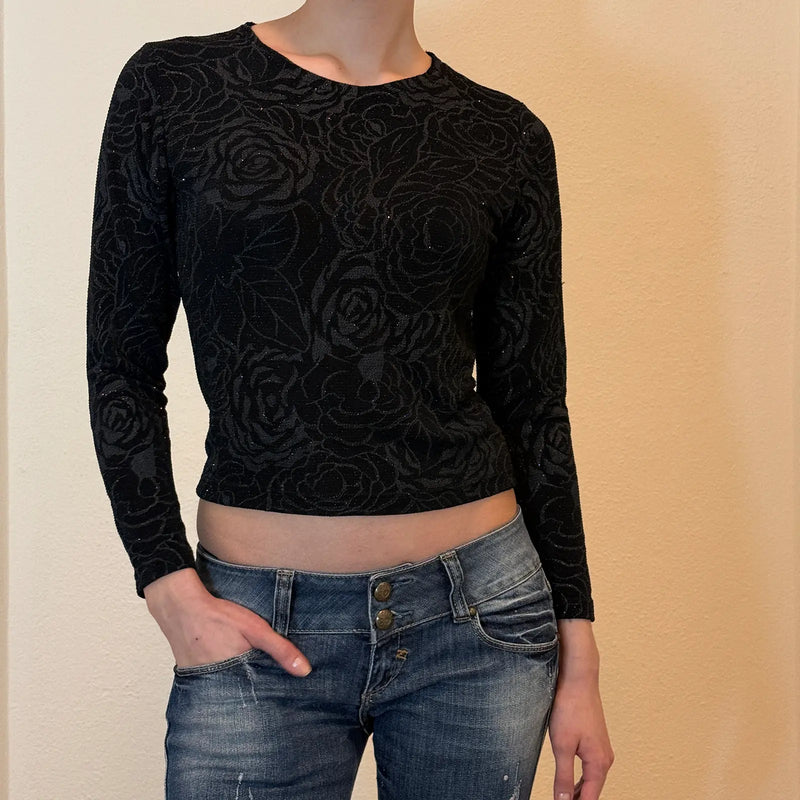 Y2K Black Glitter Rose Print Long Sleeve Top – Semi Sheer Sparkle Vintage 2000s Shirt (S)