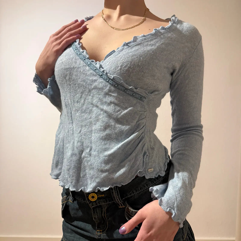 Light Blue Trim Top Y2K Knit Surplice Blouse (S)
