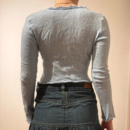 Light Blue Trim Top Y2K Knit Surplice Blouse (S)