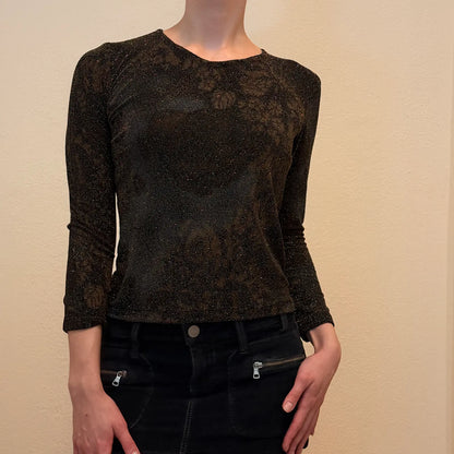 Y2K Bronze Black Shimmer Floral Semi Sheer Long Sleeve Top – Vintage 2000s Metallic Clubwear Shirt  (S)