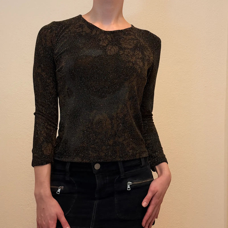 Y2K Bronze Black Shimmer Floral Semi Sheer Long Sleeve Top – Vintage 2000s Metallic Clubwear Shirt  (S)