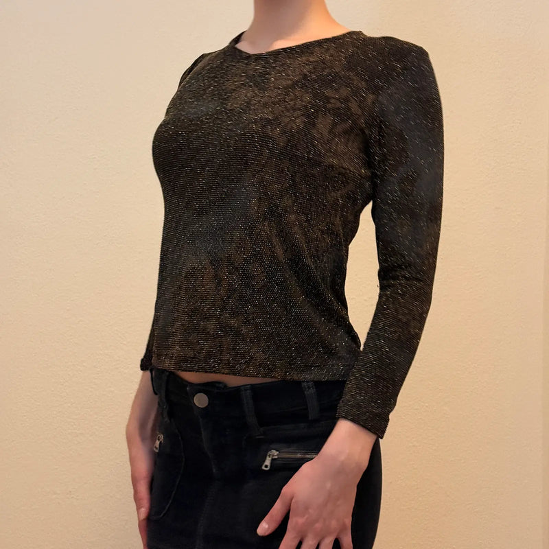 Y2K Bronze Black Shimmer Floral Semi Sheer Long Sleeve Top – Vintage 2000s Metallic Clubwear Shirt  (S)