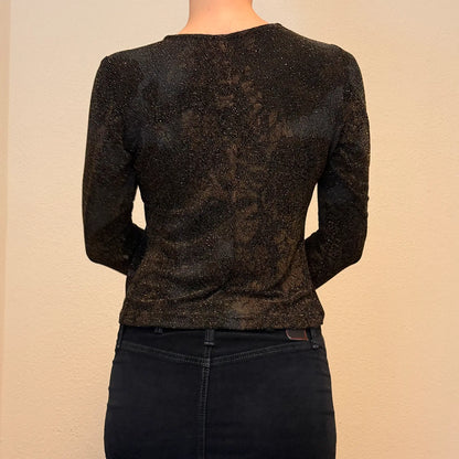 Y2K Bronze Black Shimmer Floral Semi Sheer Long Sleeve Top – Vintage 2000s Metallic Clubwear Shirt  (S)