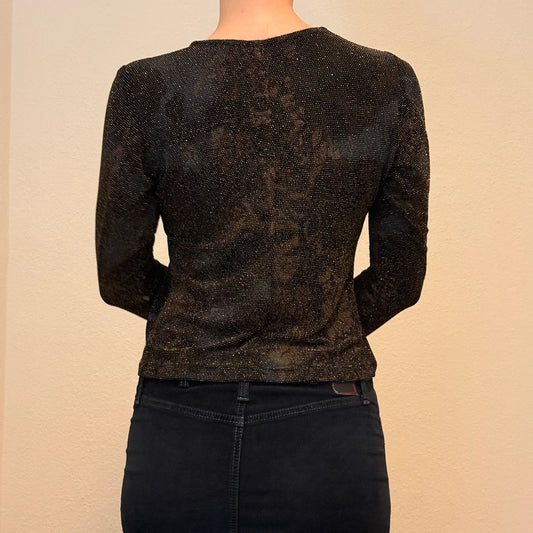 Y2K Bronze Black Shimmer Floral Semi Sheer Long Sleeve Top – Vintage 2000s Metallic Clubwear Shirt  (S)