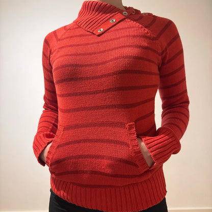 Red Striped Funnel Neck Knit Sweater - Y2K Style Pullover (S)
