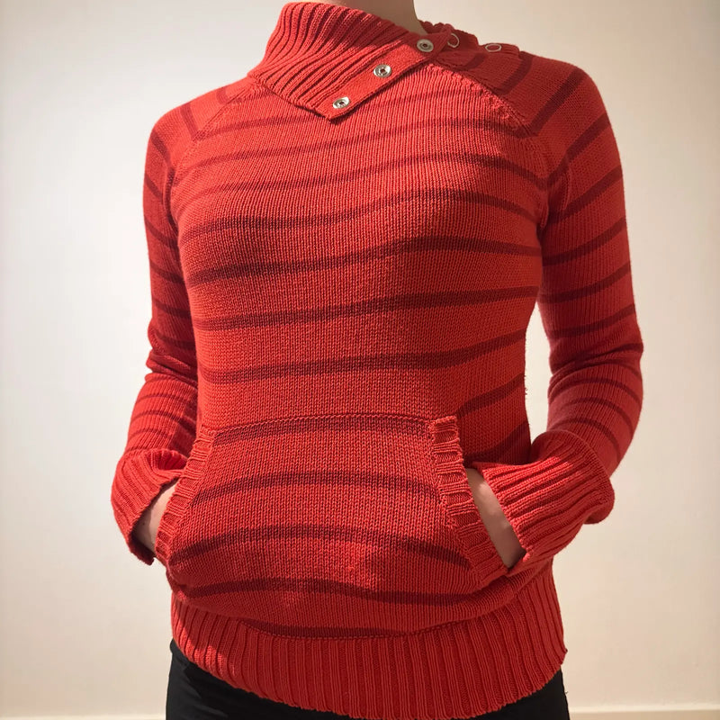 Red Striped Funnel Neck Knit Sweater - Y2K Style Pullover (S)