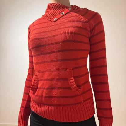 Red Striped Funnel Neck Knit Sweater - Y2K Style Pullover (S)