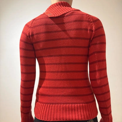Red Striped Funnel Neck Knit Sweater - Y2K Style Pullover (S)