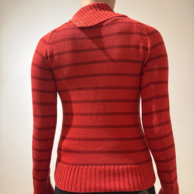 Red Striped Funnel Neck Knit Sweater - Y2K Style Pullover (S)