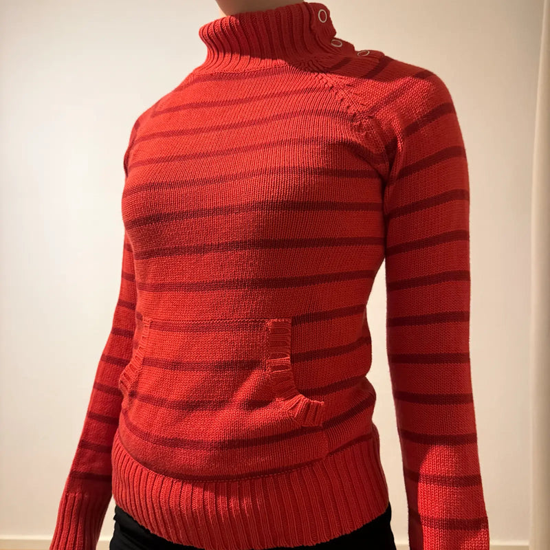 Red Striped Funnel Neck Knit Sweater - Y2K Style Pullover (S)