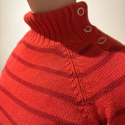 Red Striped Funnel Neck Knit Sweater - Y2K Style Pullover (S)