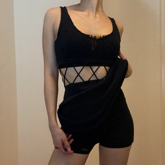 90s/2000s Black Crochet Crop Top – Lattice Cut-Out Waist, Bead Detail (M)