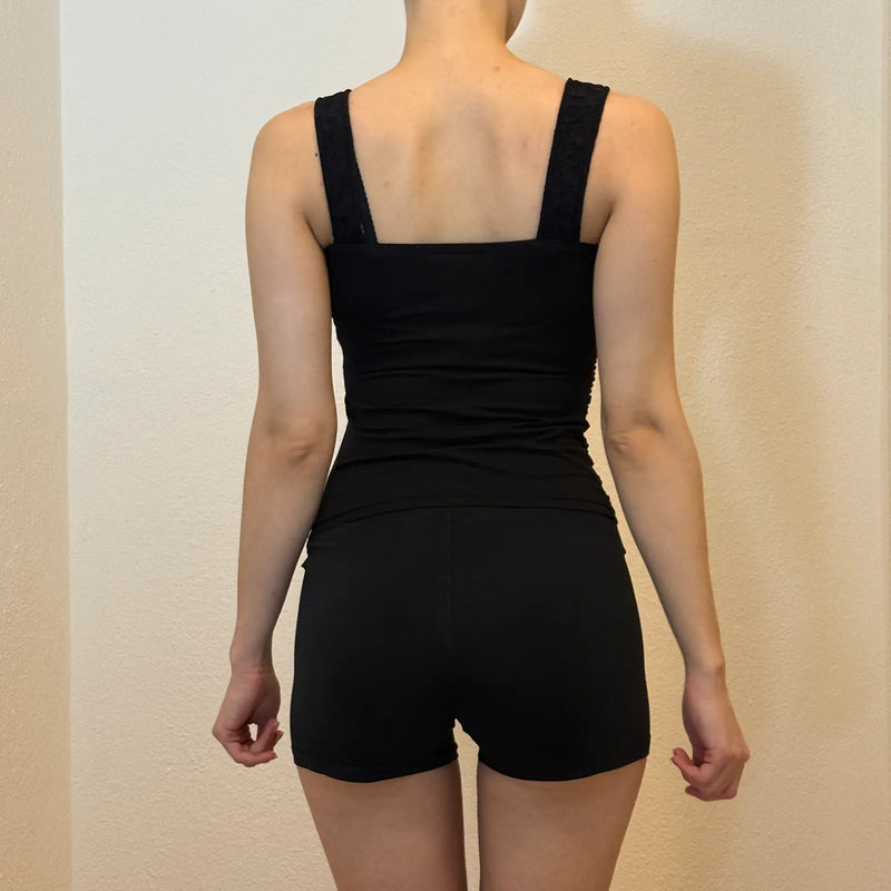 Y2K Black Lace Corset Style Top – Rhinestone Studded Bustier Tank (S)