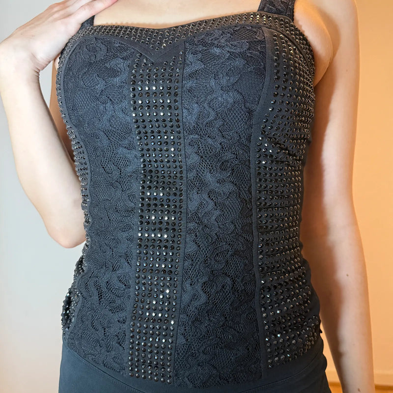 Y2K Black Lace Corset Style Top – Rhinestone Studded Bustier Tank (S)