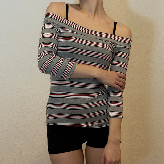 Vintage Y2K Striped Off Shoulder Top – Grey Red Black 90s/2000s Fitted Shirt (S)