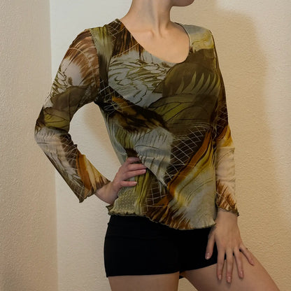 90s/2000s Abstract Mesh Top – Earth Tone Sheer Long Sleeve (S)