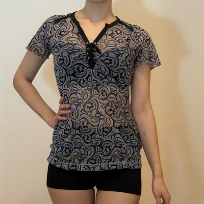 90s/2000s Sheer Mesh Graphic Top – Lace-Up Neck Short Sleeve (S)