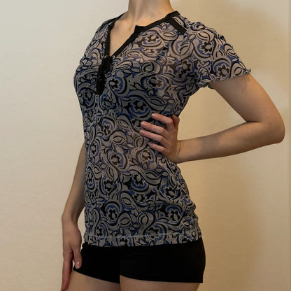 90s/2000s Sheer Mesh Graphic Top – Lace-Up Neck Short Sleeve (S)