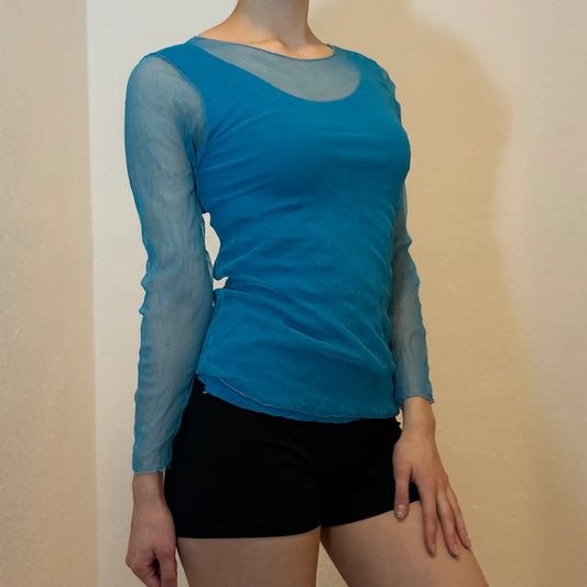 Sheer Y2K Long Sleeve Top – Blue See Through Layered Look (S)