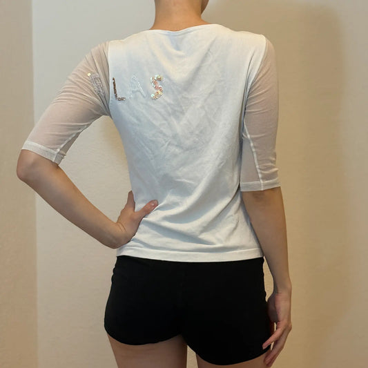 Early 2000s White V-Neck Top with Mesh Sleeves & Sequin Detail (S)