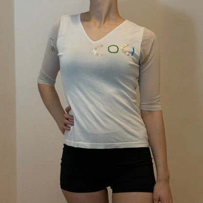 Early 2000s White V-Neck Top with Mesh Sleeves & Sequin Detail (S)