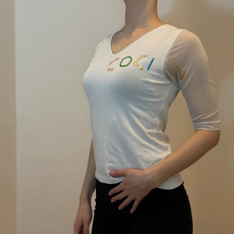 Early 2000s White V-Neck Top with Mesh Sleeves & Sequin Detail (S)