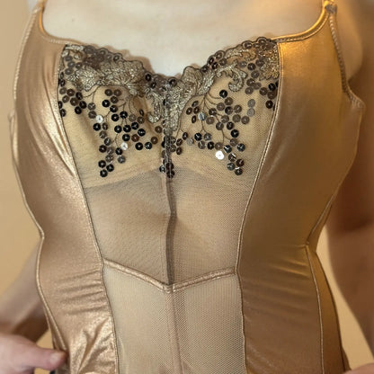 Y2K Gold Satin Corset Top – Minimal Sequin Bustier Style (M/L)