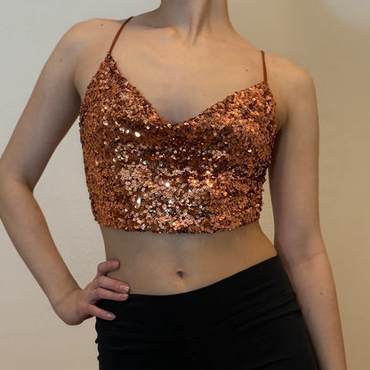 Haut caraco rayé bleu et noir à sequins rétro – Bretelles en chaîne (S)