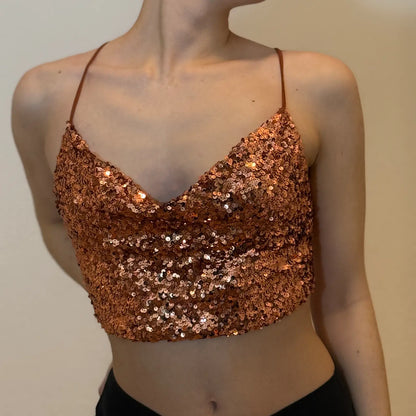 Haut caraco rayé bleu et noir à sequins rétro – Bretelles en chaîne (S)