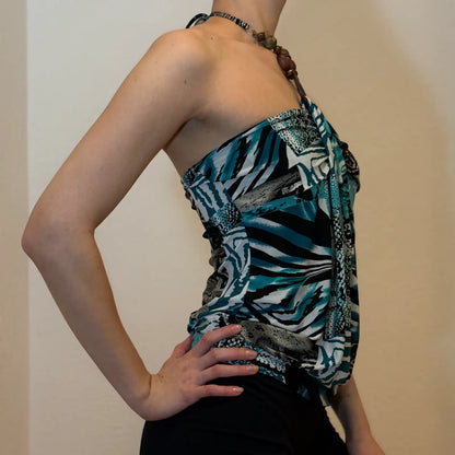 90s/2000s Halter Ring Top – Blue Animal Print Patchwork (S)