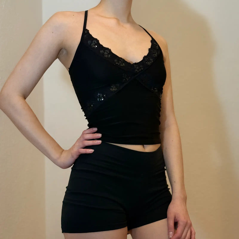 2000s Black Lace & Sequin Camisole – Strappy Lingerie Style Top (S)
