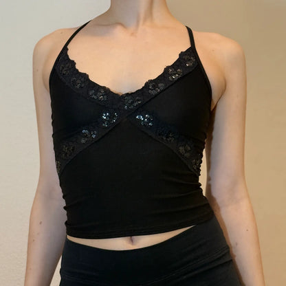 2000s Black Lace & Sequin Camisole – Strappy Lingerie Style Top (S)