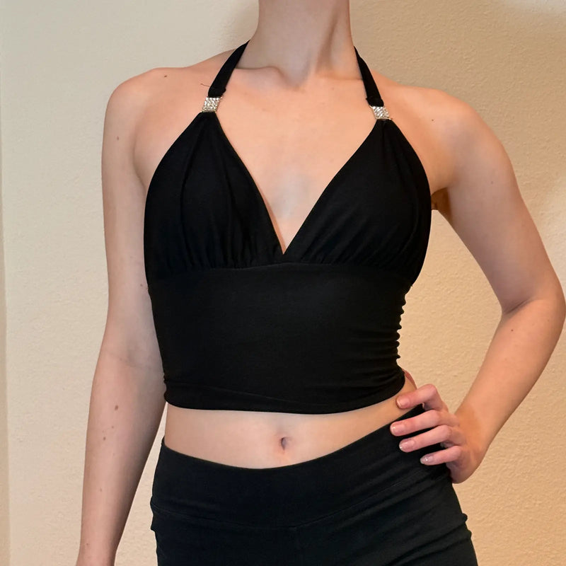 Black Rhinestone Y2K  Halter Top – Plunge Neck Clubwear (S)
