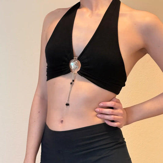 Black Halter Crop Top – Y2K Silver Hardware Clubwear (S)
