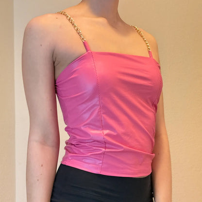 Y2K Pink Chain Strap Top – Shiny Barbiecore Clubwear (S)