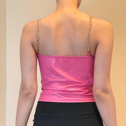 Y2K Pink Chain Strap Top – Shiny Barbiecore Clubwear (S)