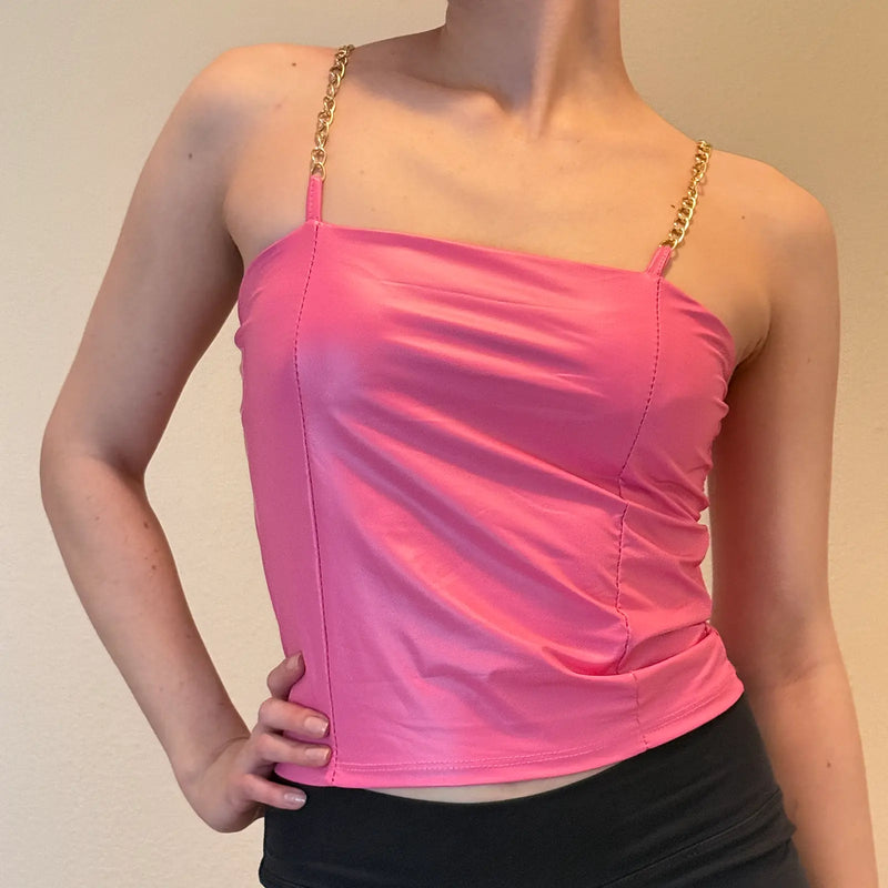 Y2K Pink Chain Strap Top – Shiny Barbiecore Clubwear (S)
