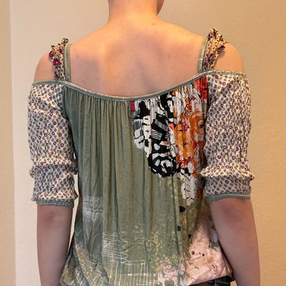 Haut caraco rayé bleu et noir à sequins rétro – Bretelles en chaîne (S)