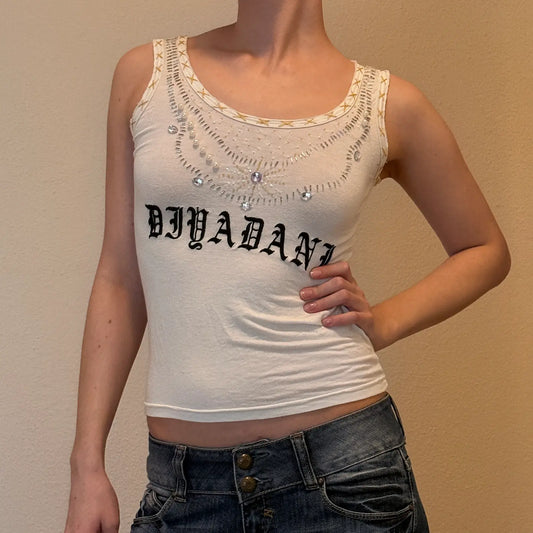 Rhinestone Y2K Tank Top – Gothic Letter Print & Sparkle Embellishment (S)