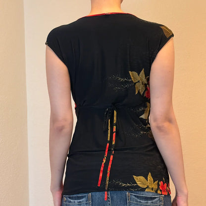 90s Rose Print Draped Top – Rhinestone Centerpiece Evening Style (M)