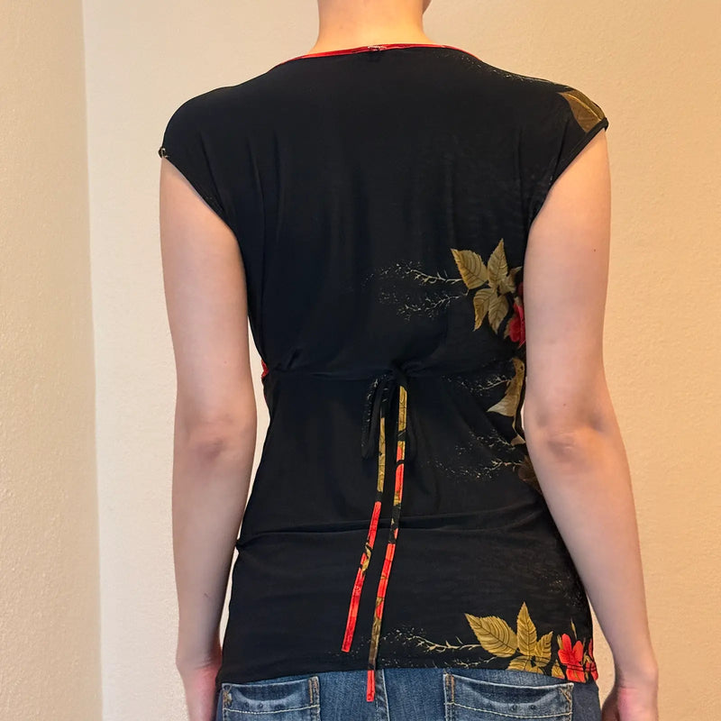 90s Rose Print Draped Top – Rhinestone Centerpiece Evening Style (M)