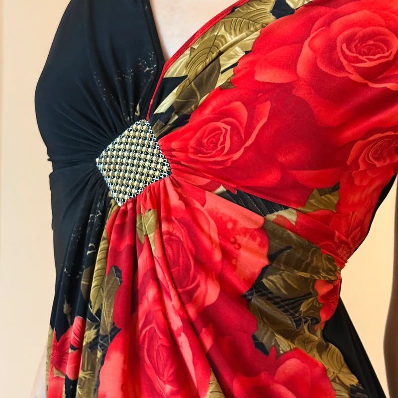 90s Rose Print Draped Top – Rhinestone Centerpiece Evening Style (M)