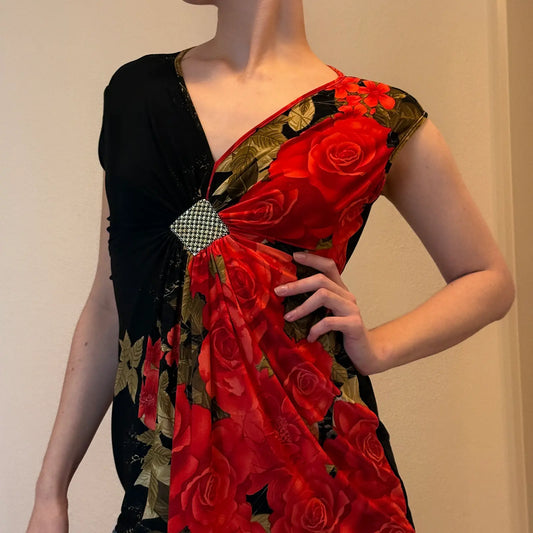 90s Rose Print Draped Top – Rhinestone Centerpiece Evening Style (M)